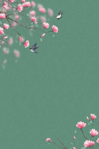 绿色中国风手绘水墨水彩春天立春桃花燕子海报背景水墨春天